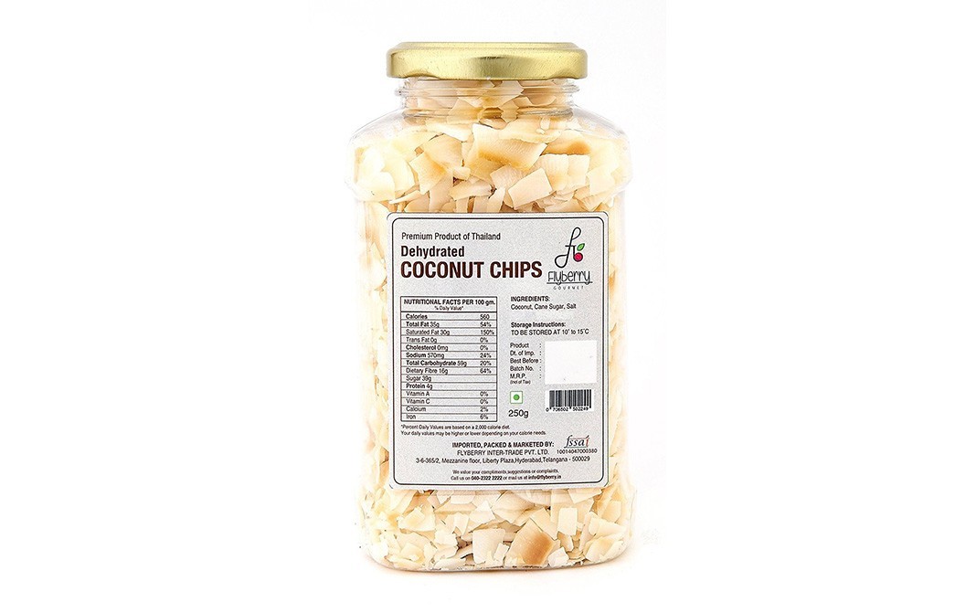 Flyberry Gourmet Dehydrated Coconut Chips    Glass Jar  250 grams